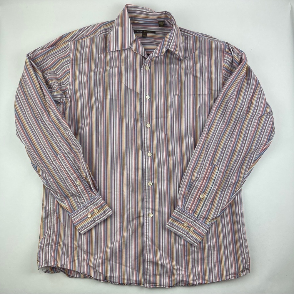 BCBG Attitude Button Up Shirt Mens Medium 15.5 34/35 Blue Yellow Striped